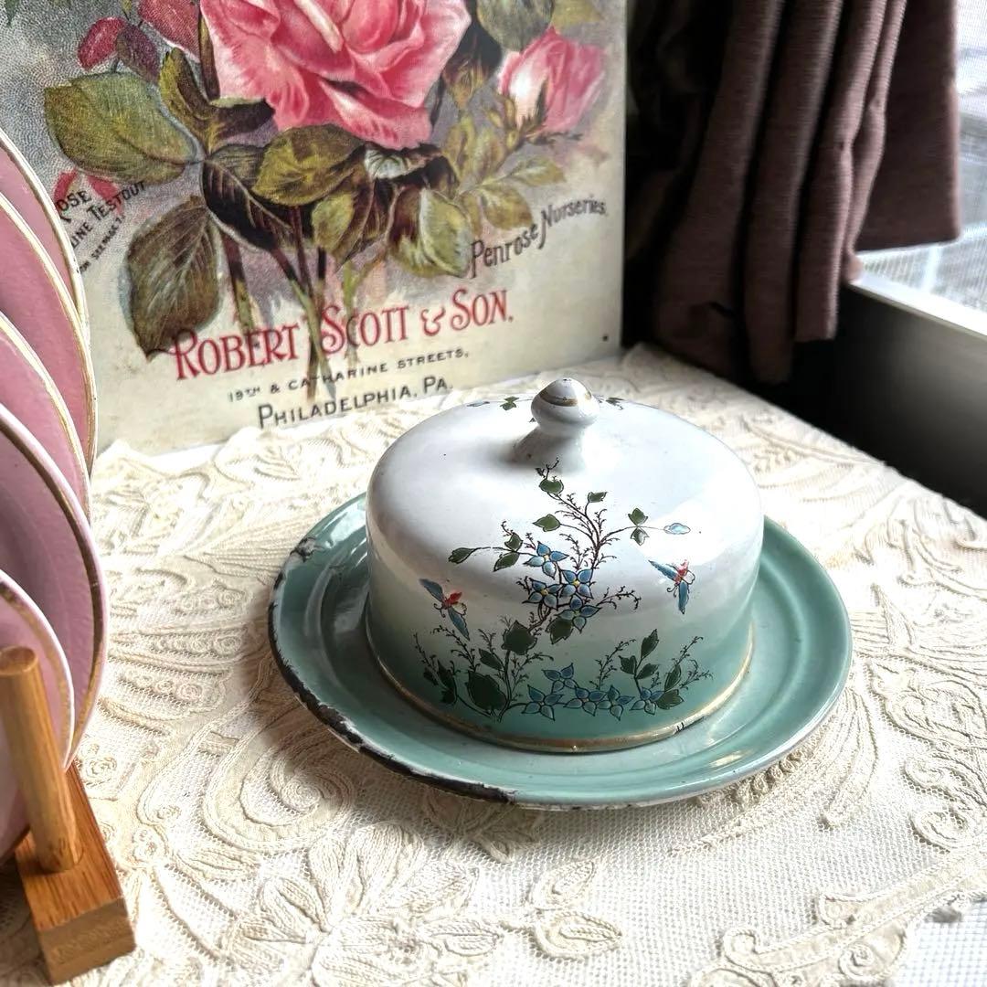 フランスアンティーク　手描きホーローバターポット