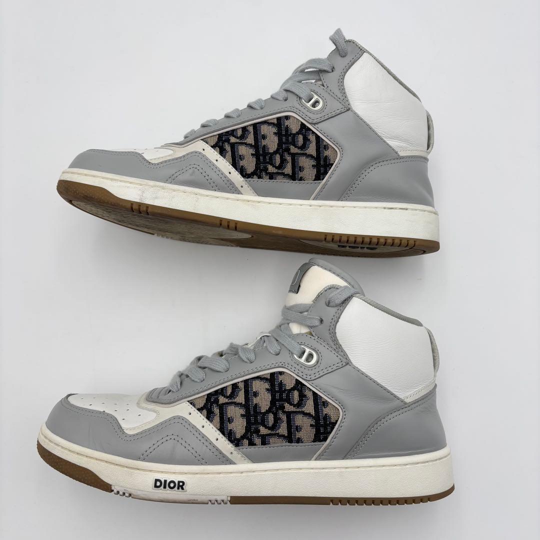 極美品 ディオール ミッドカットレザースニーカー オブリーク グレー ホワイト
