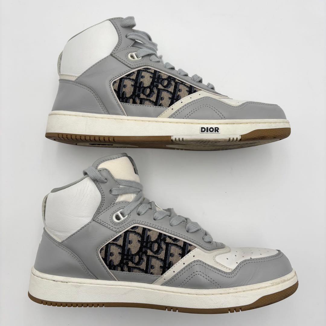 極美品 ディオール ミッドカットレザースニーカー オブリーク グレー ホワイト