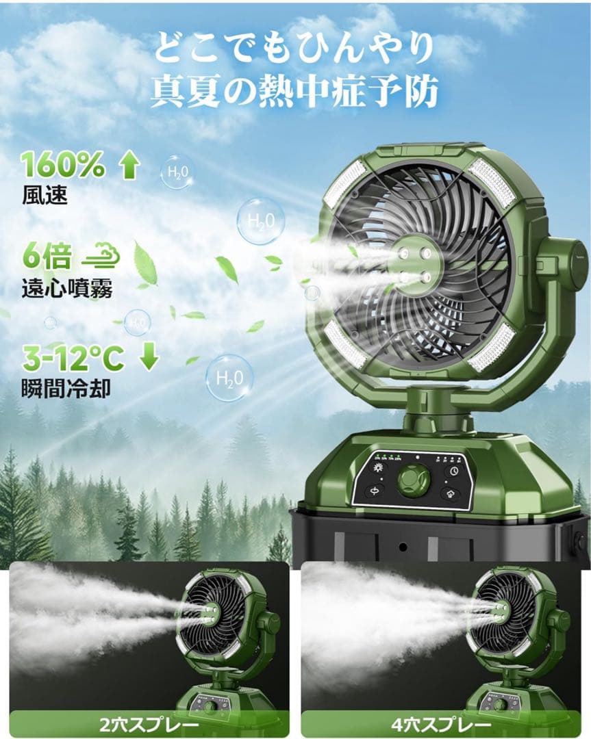 扇風機　ミストファン　キャンプ　アウトドア　サーキュレーター　LEDライト　強力