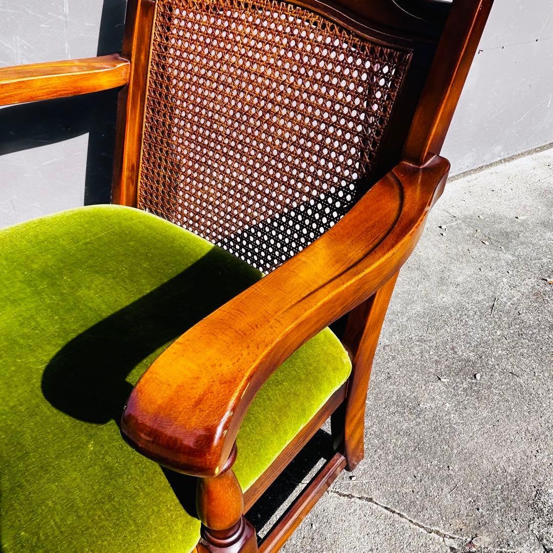 【美品】オールド カリモク / ラタンチェア / モケットグリーン ❷