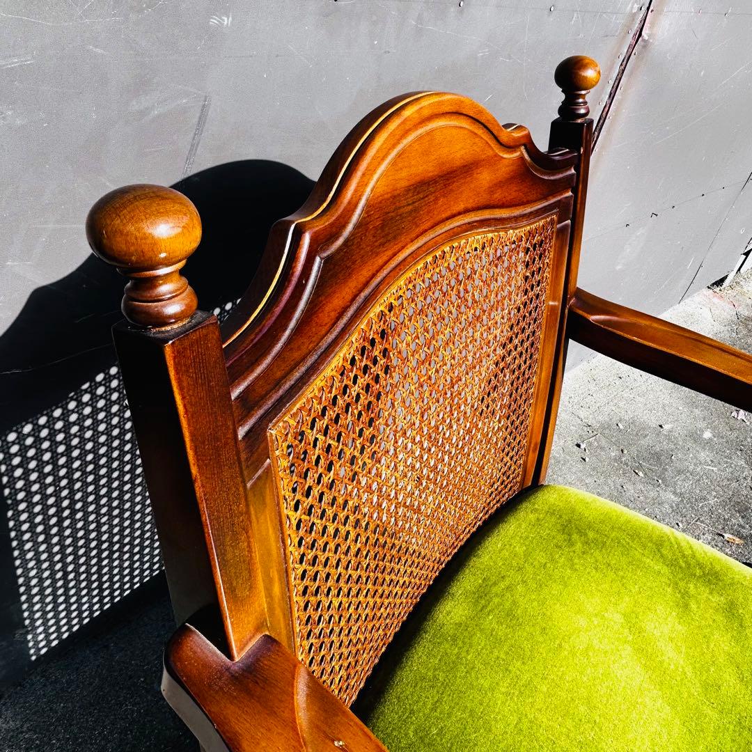 【美品】オールド カリモク / ラタンチェア / モケットグリーン ❷