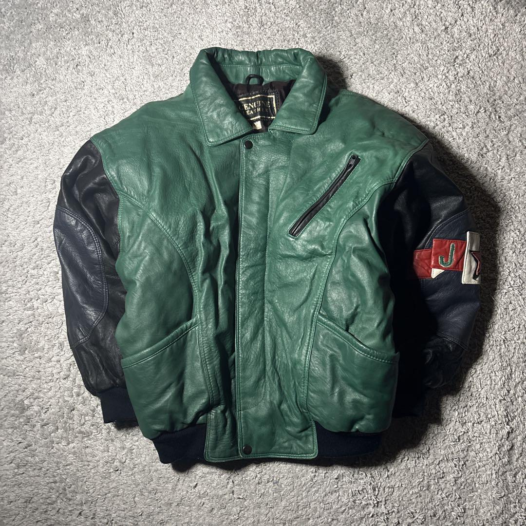 ペレペレ　レザージャケット　ジャクソンズ　刺繍デザイン　グリーン　ブラック　古着