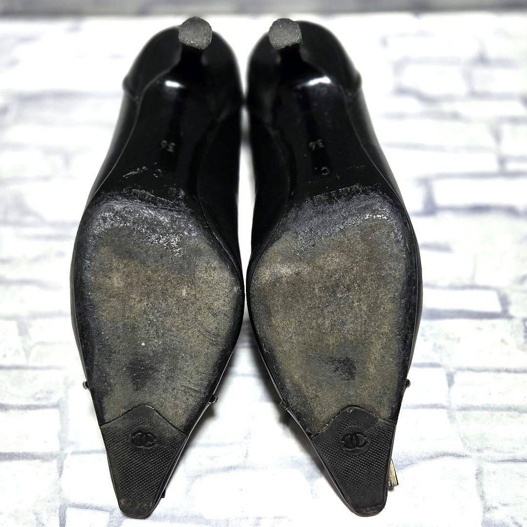 【CHANEL】カメリア＆タッセル ポインテッドトゥ パンプス 36 黒 レザー