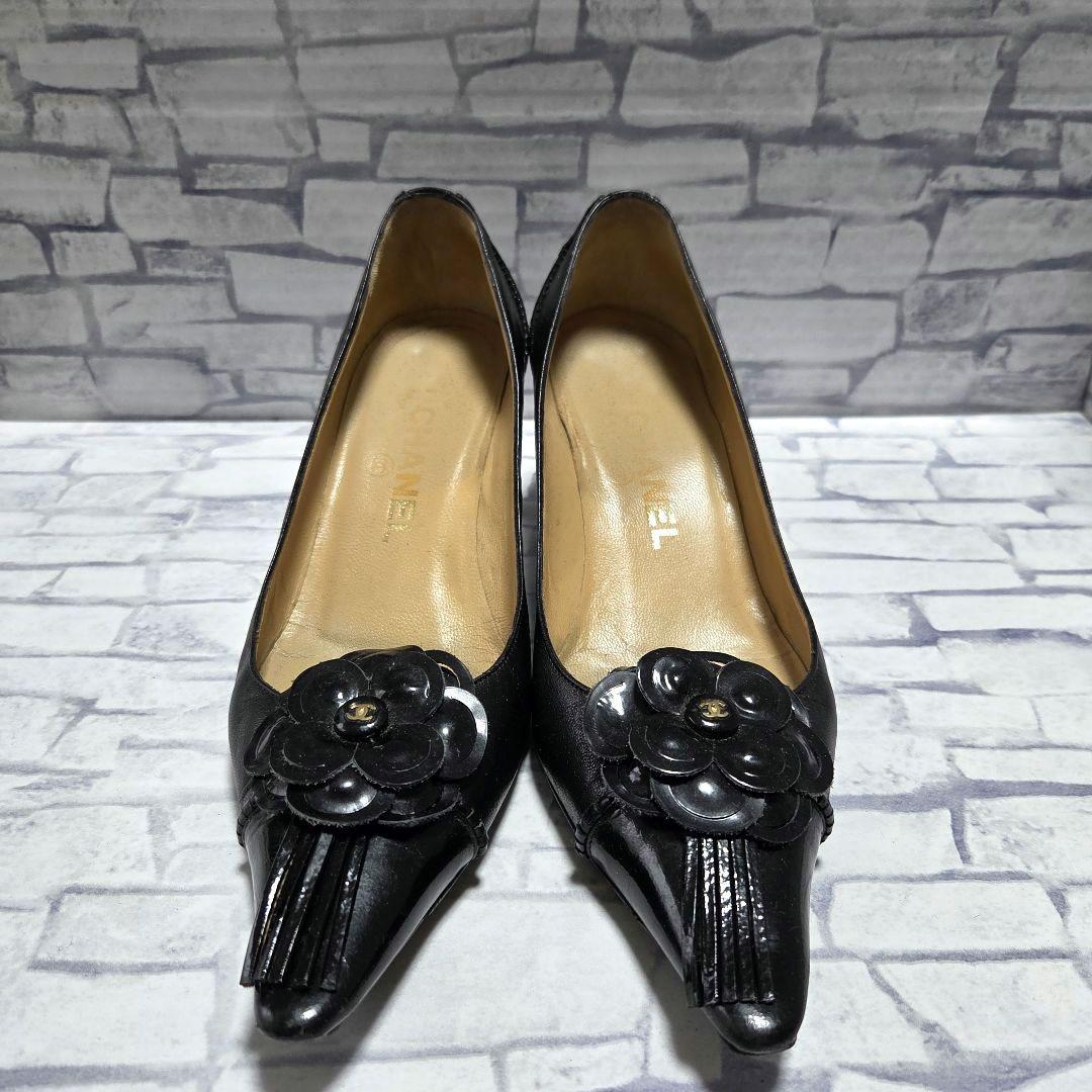 【CHANEL】カメリア＆タッセル ポインテッドトゥ パンプス 36 黒 レザー