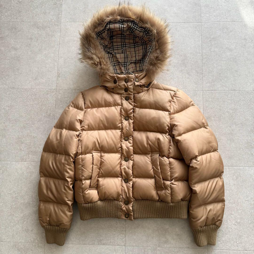 バーバリーブルーレーベル　ダウンジャケット　茶　ノバチェック　ファー　38