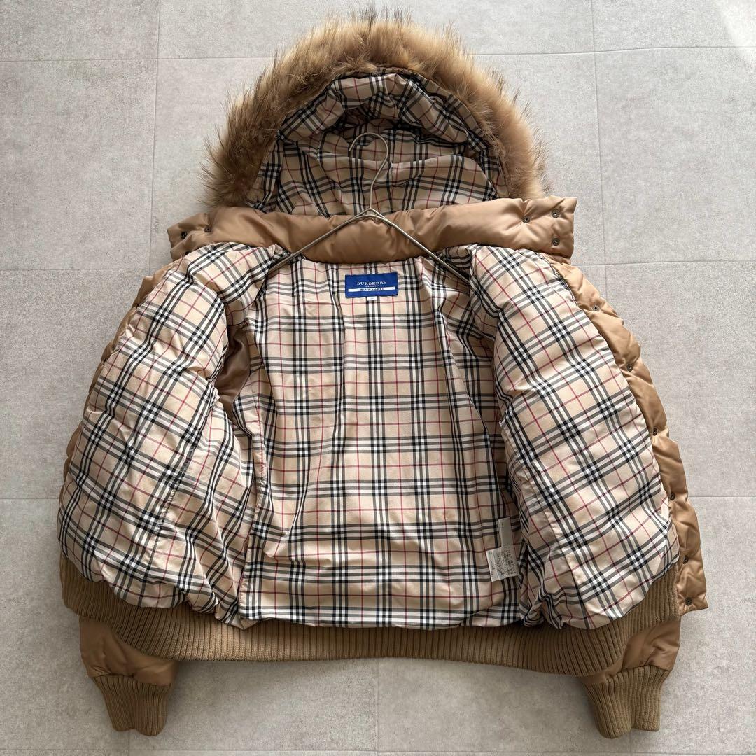 バーバリーブルーレーベル　ダウンジャケット　茶　ノバチェック　ファー　38