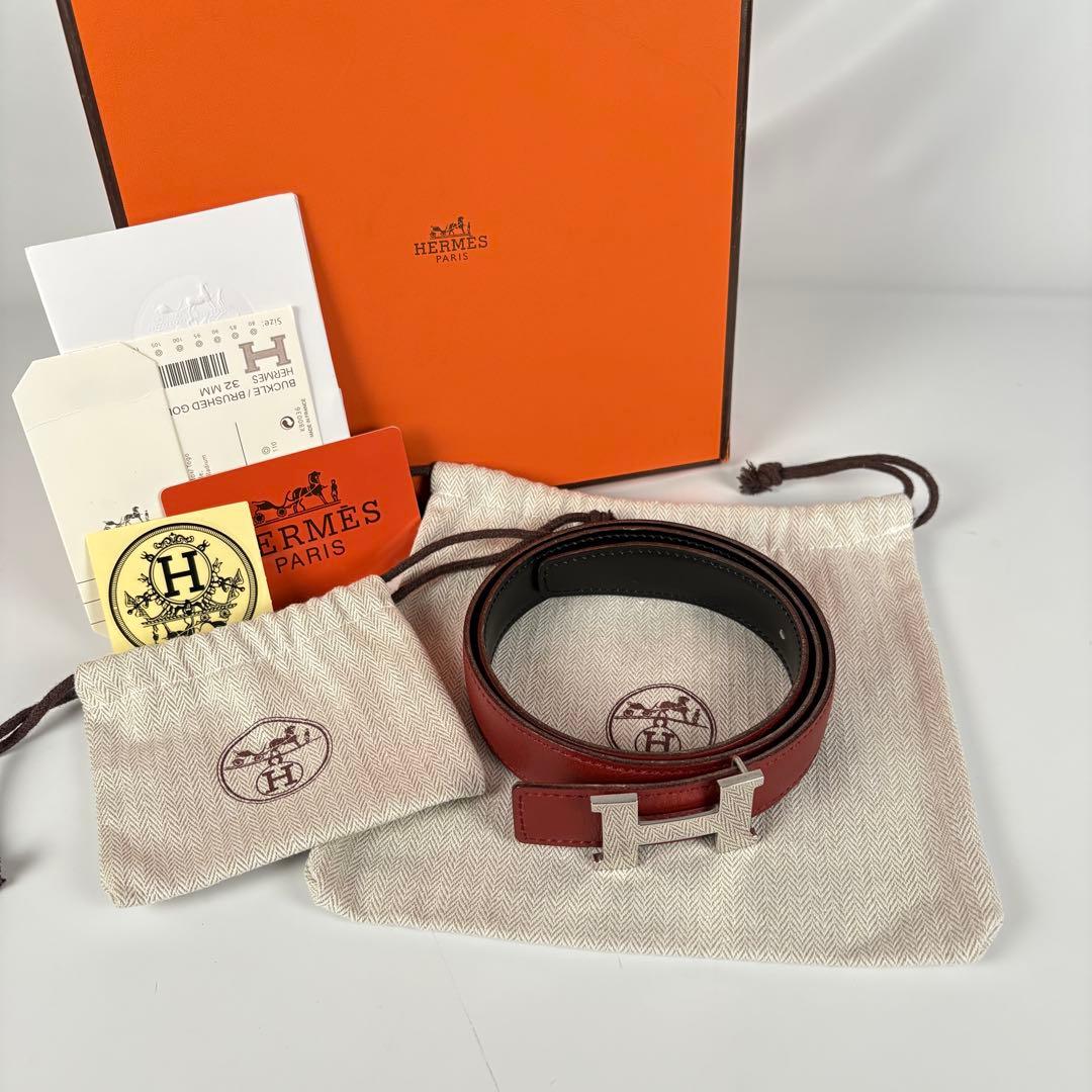 エルメス　コンスタンス　ベルト　Hバックル　レザー　リバーシブル　黒　エンジ