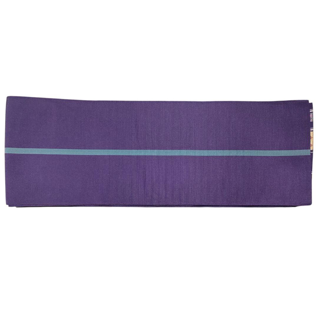 半幅帯ゆかたの帯長さ342cm幅15cm博多織正絹うろこ鱗柄横縞ボーダー灰紫色
