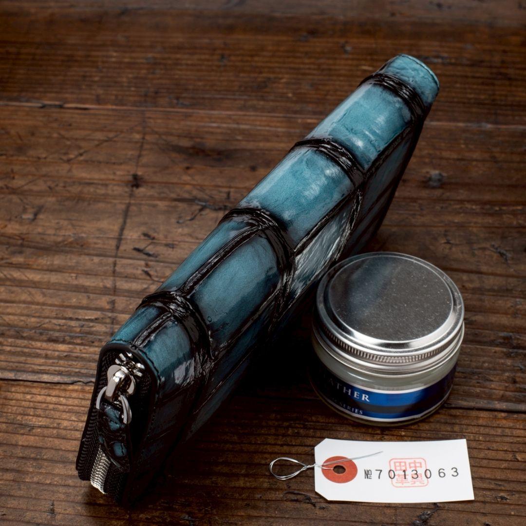 実物撮影 一枚革 クロコダイル ブルー メンズ 長財布 ラウンドファスナー 青