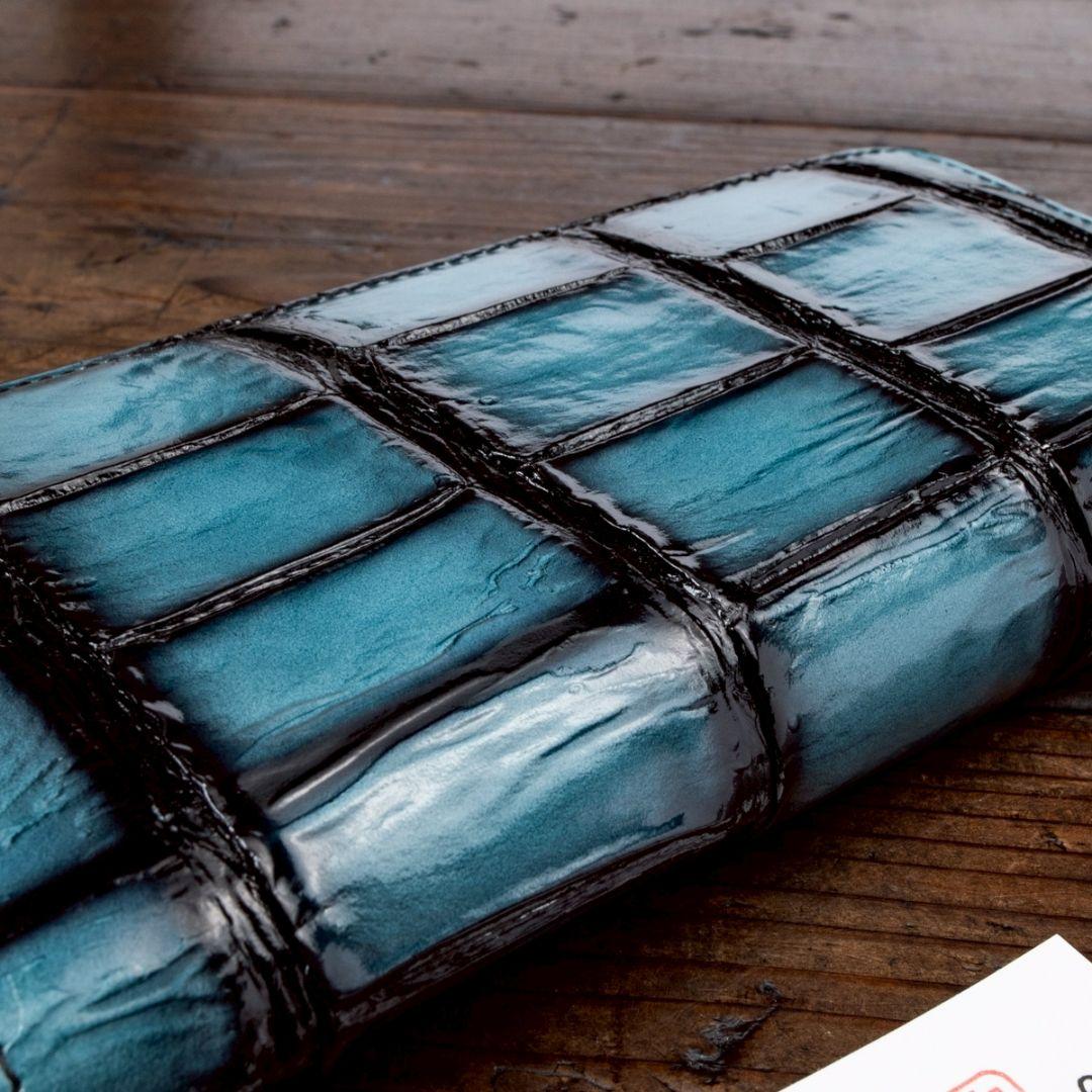 実物撮影 一枚革 クロコダイル ブルー メンズ 長財布 ラウンドファスナー 青