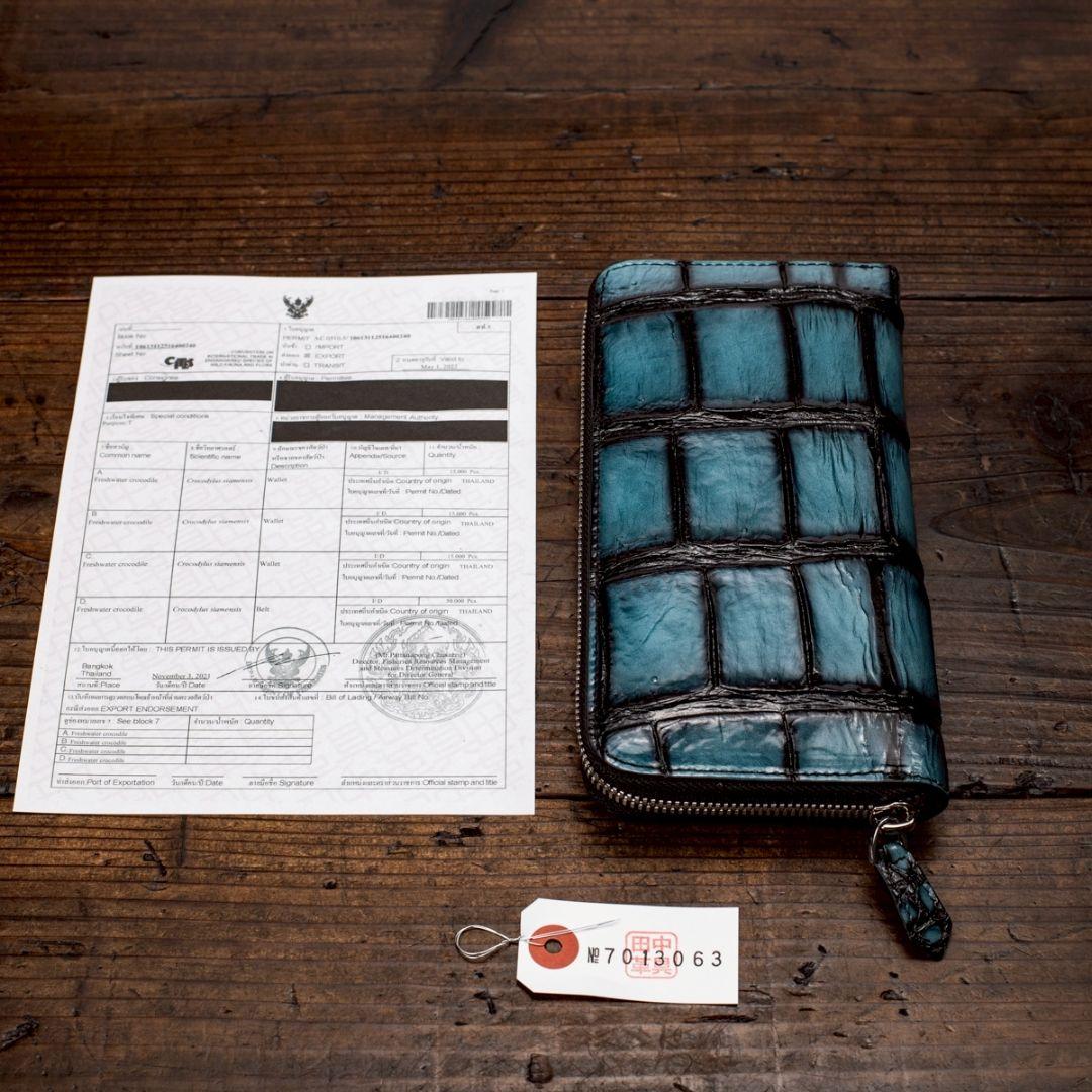実物撮影 一枚革 クロコダイル ブルー メンズ 長財布 ラウンドファスナー 青