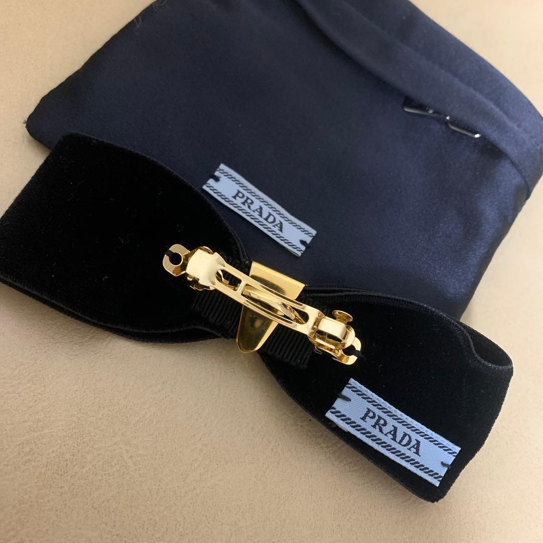 PRADA ベルベット　バレッタ　リボン　ロゴ　髪留め　正規品　専用ポーチ