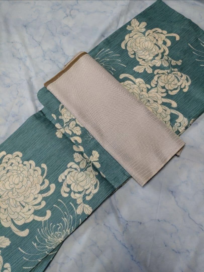 ✿新品未使用　綿麻浴衣　人気浴衣　夏着物　ターコイズブルー　大人浴衣　碧色　菊