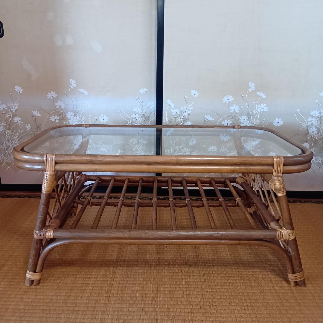 ラタン ガラストップ座卓 約89cm