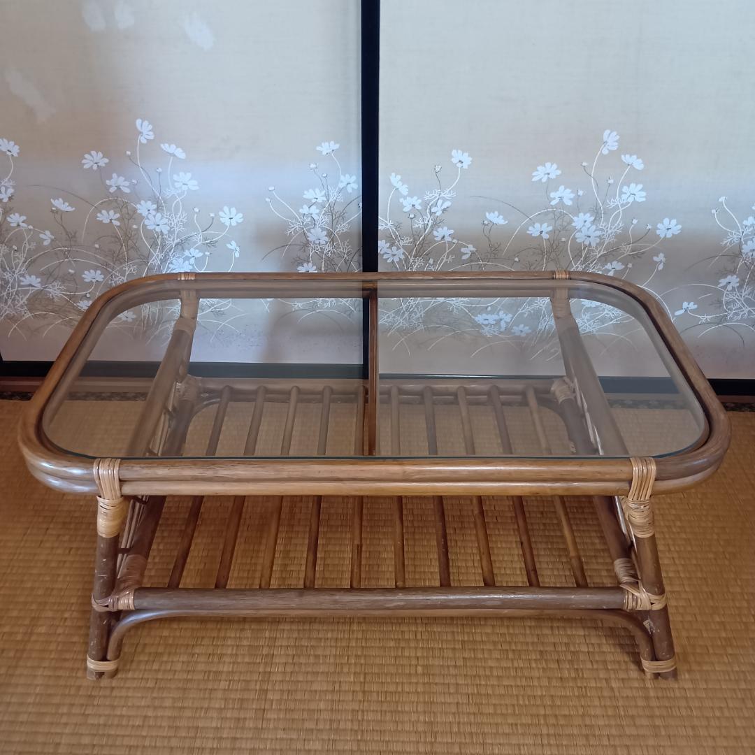 ラタン ガラストップ座卓 約89cm