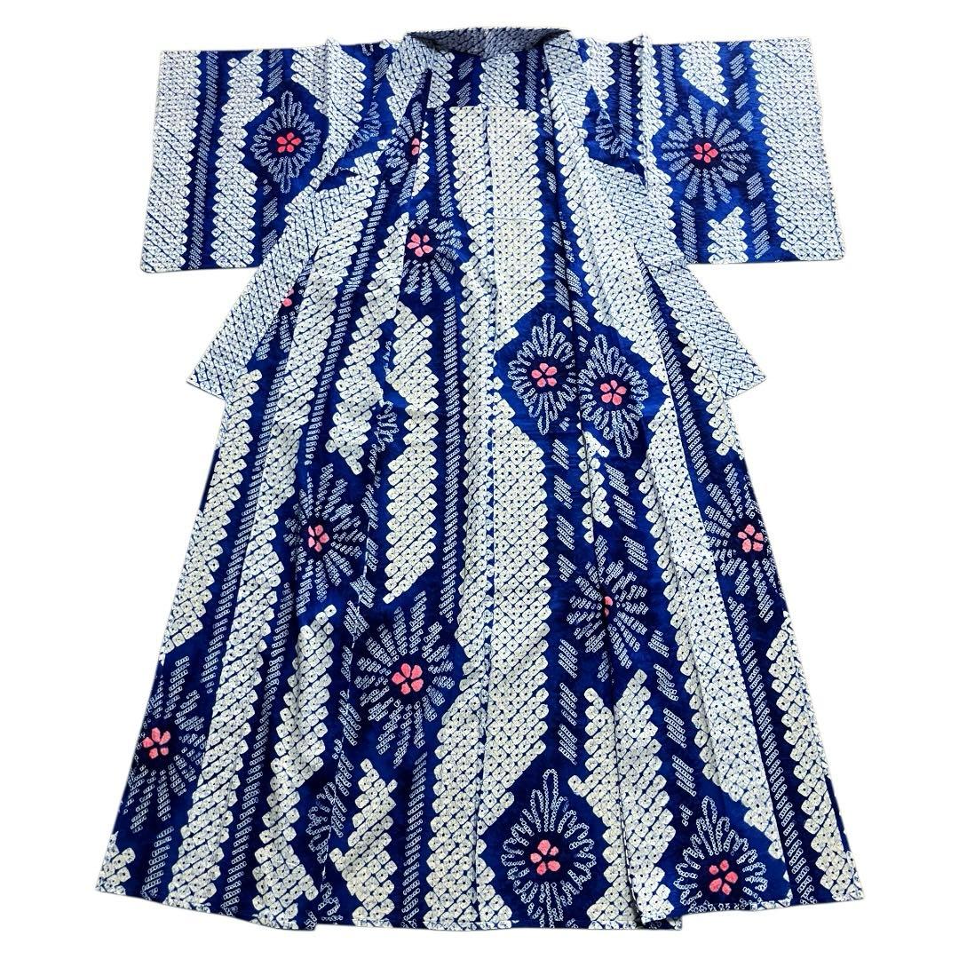 有松鳴海絞り 浴衣 青 ブルー 抽象花紋様 間道 リメイク 手縫い 逸品