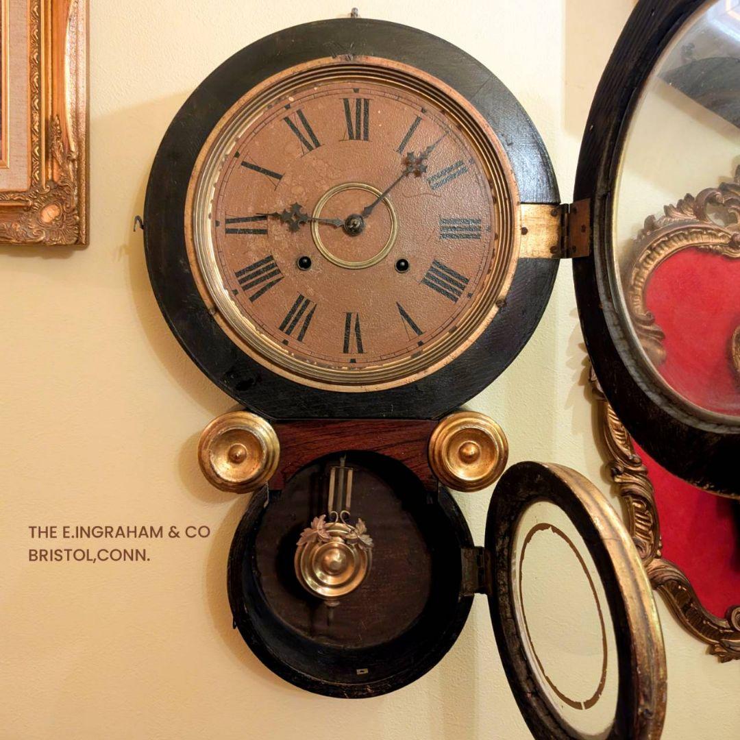 古時計　アンティーク掛時計　イングラハム掛時計　四つ丸　ゼンマイ時計