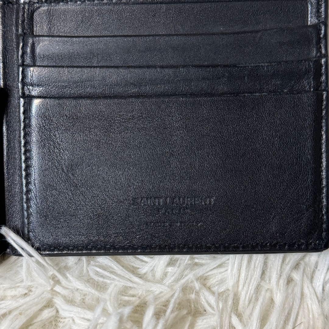 【美品】サンローラン　マネークリップ　クロコ型押しレザー　ブラック　折り財布