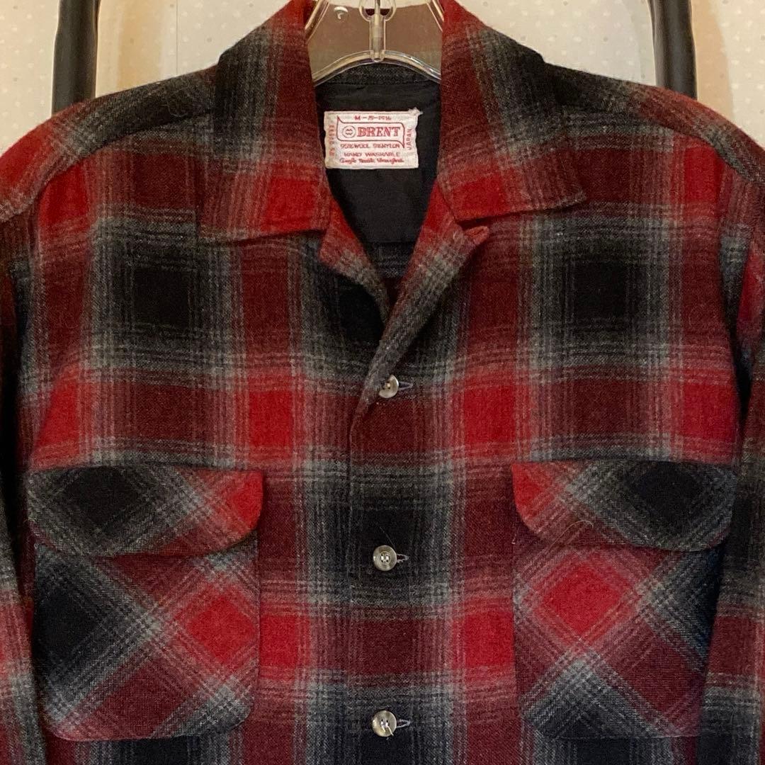 60s BRENT ブレント オンブレ シャドーチェック オープンカラー ウール