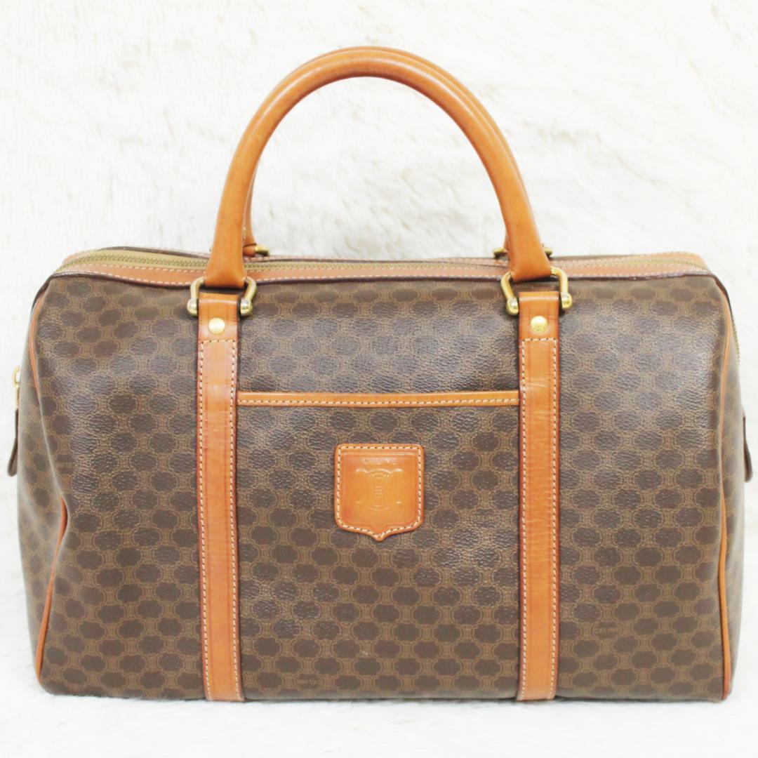 美品 セリーヌ ボストンバッグ ハンドバッグ マカダム PVC レザー ブラウン