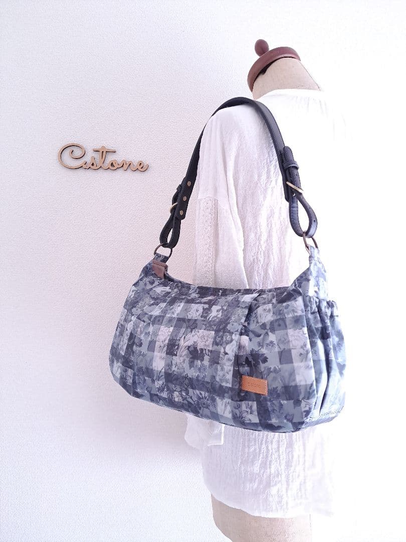 持ち手別売り　リバティ　ラミネート　アーカイブギンガム　グレー　横長ショルダー