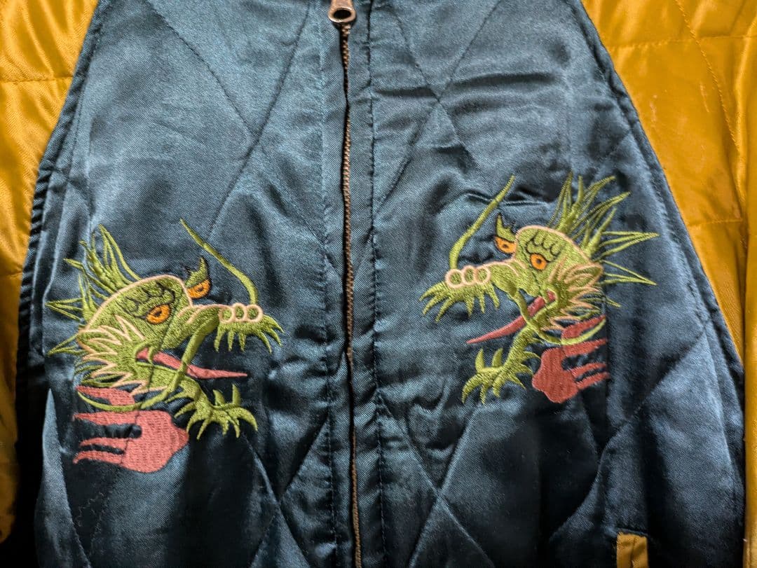 HUSTON ヒューストン　ドラゴン刺繍 スカジャン ターコイズ/イエロー