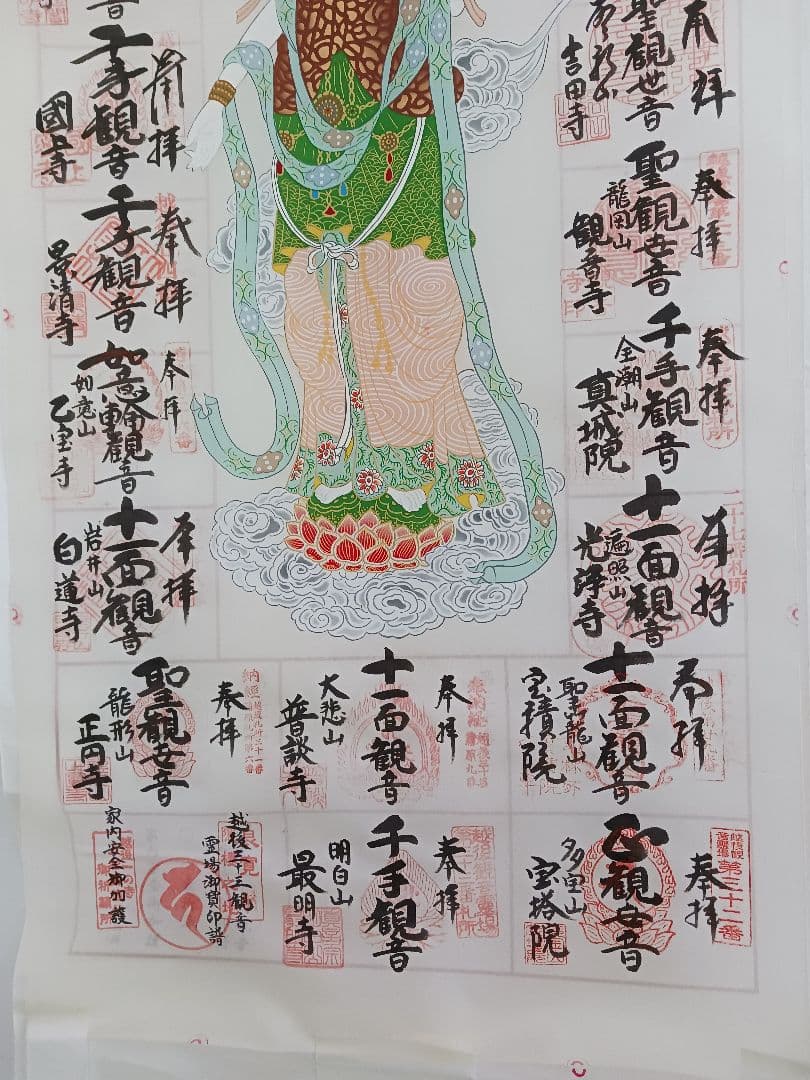 越後三十三観音霊場の各寺院様の手書きの巡拝集印済みの絹地の表装可能軸です送料無料