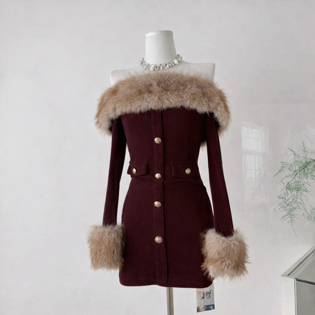 miu系穿搭 オフショル ファー ワンピース ファー 韓国 ワンホン 量産型