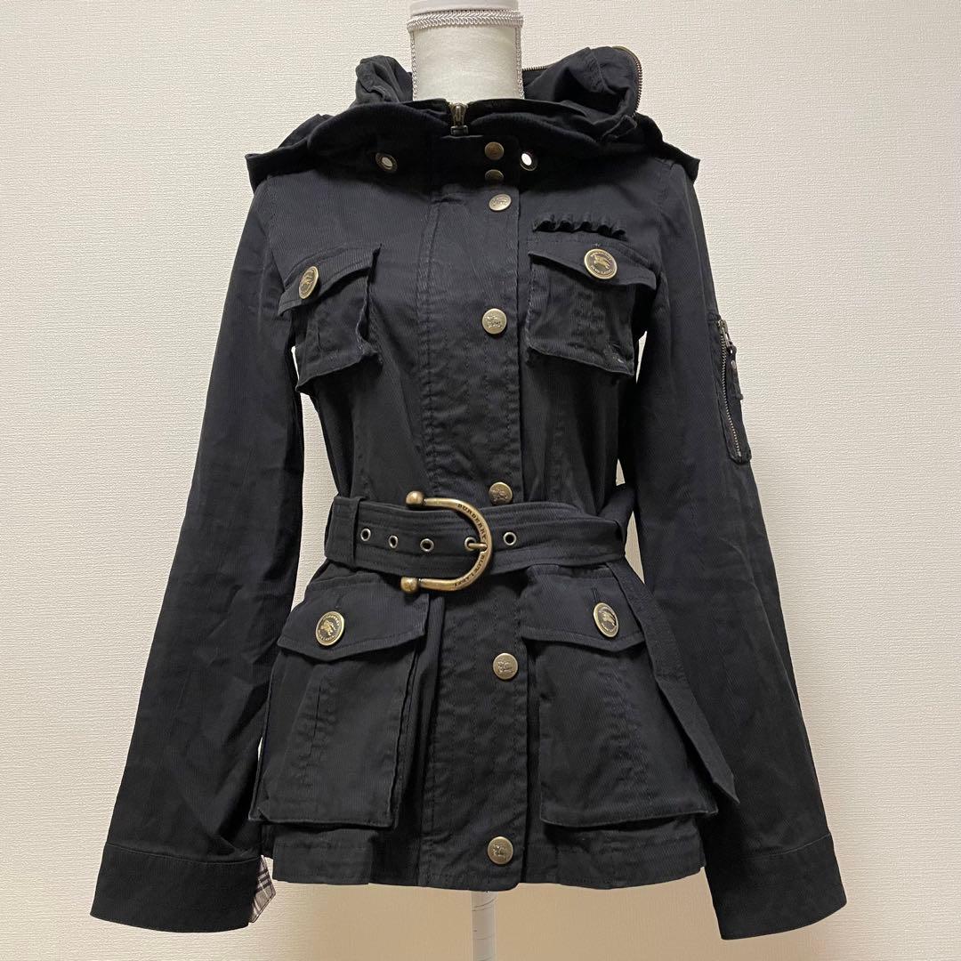 バーバリーブルーレーベル　ミリタリージャケット　黒　ベルト　ホースロゴ　チェック