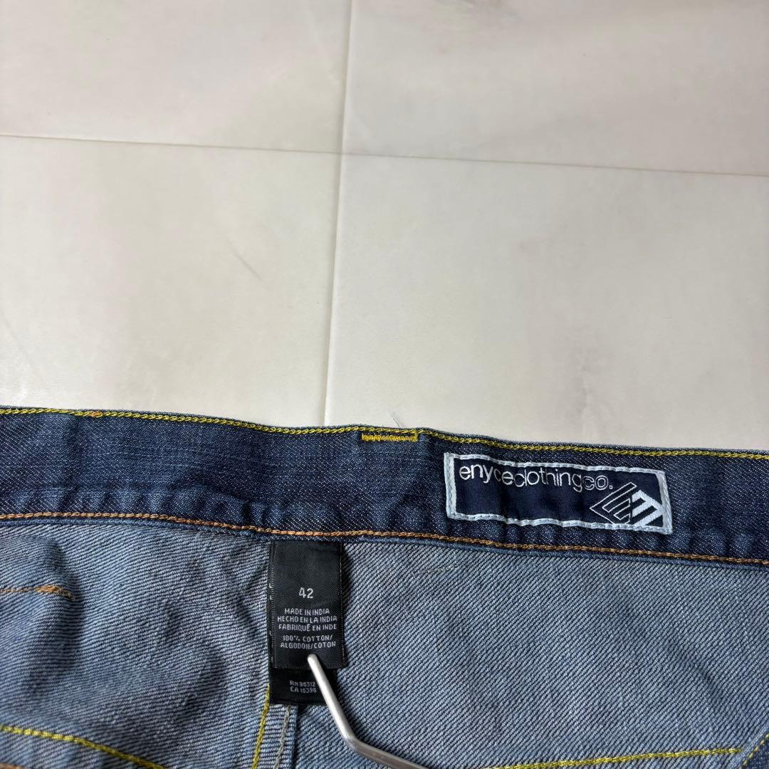 ENYCE 刺繍デザイン 極太 スーパーワイド デニム バギーパンツ 濃紺 B系