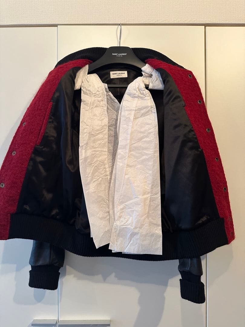 プ*。様 Saint Laurent レザー ウール モヘア バーシティジャケッ