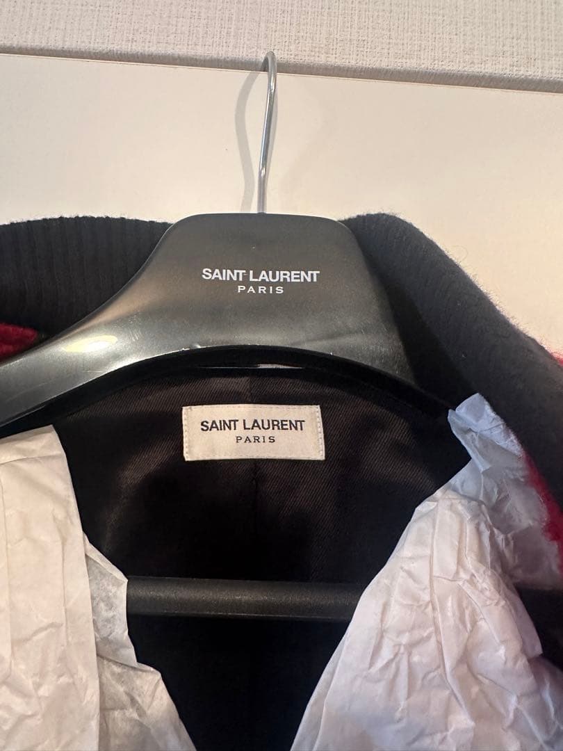 プ*。様 Saint Laurent レザー ウール モヘア バーシティジャケッ