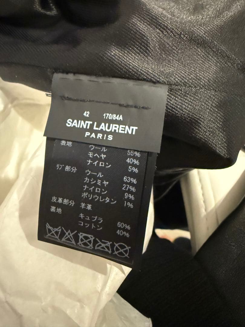 プ*。様 Saint Laurent レザー ウール モヘア バーシティジャケッ
