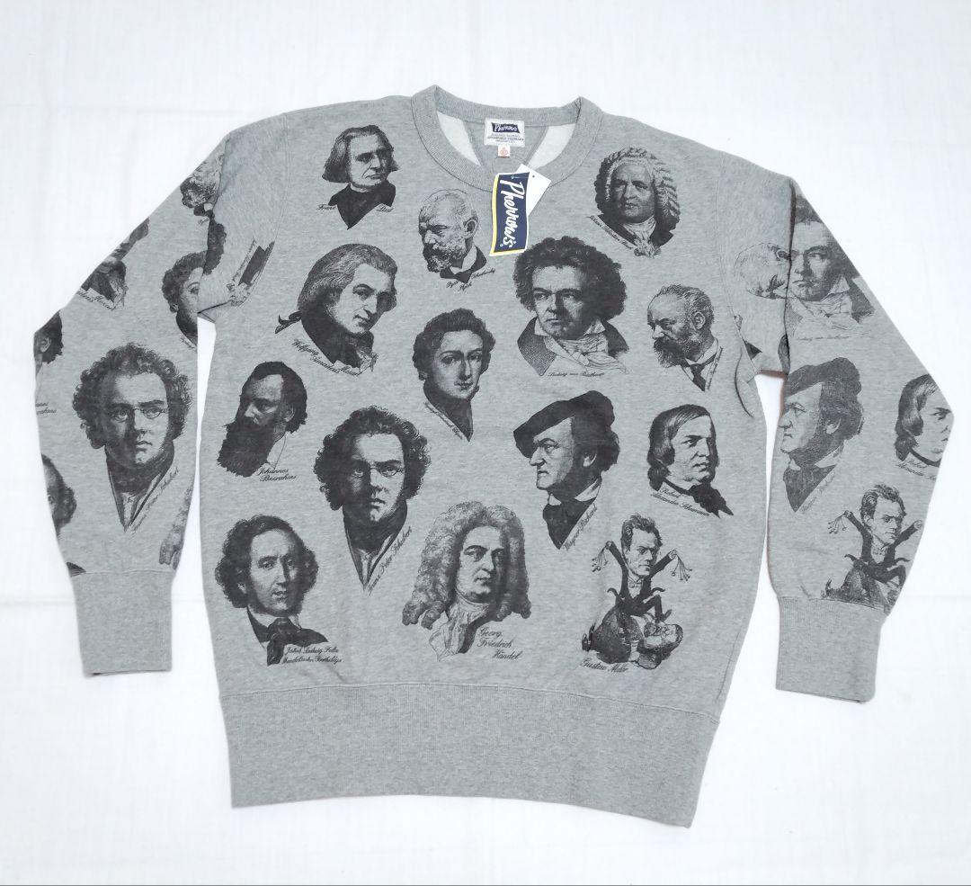 フェローズ　総柄 クルーネック スウェット プリント 裏毛 両V 音楽家/XL