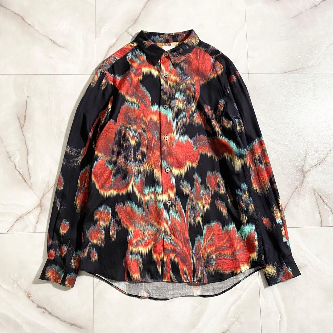 A18540 美品 ポールスミス 水彩画風 花柄 総柄 シャツ 黒 M