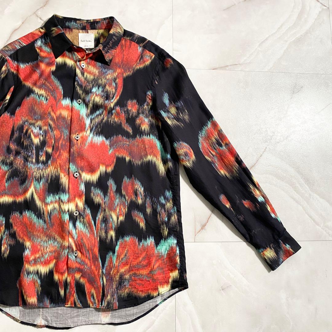 A18540 美品 ポールスミス 水彩画風 花柄 総柄 シャツ 黒 M