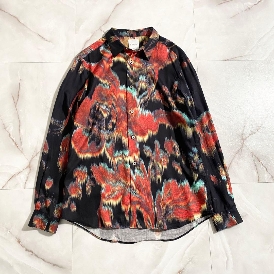 A18540 美品 ポールスミス 水彩画風 花柄 総柄 シャツ 黒 M