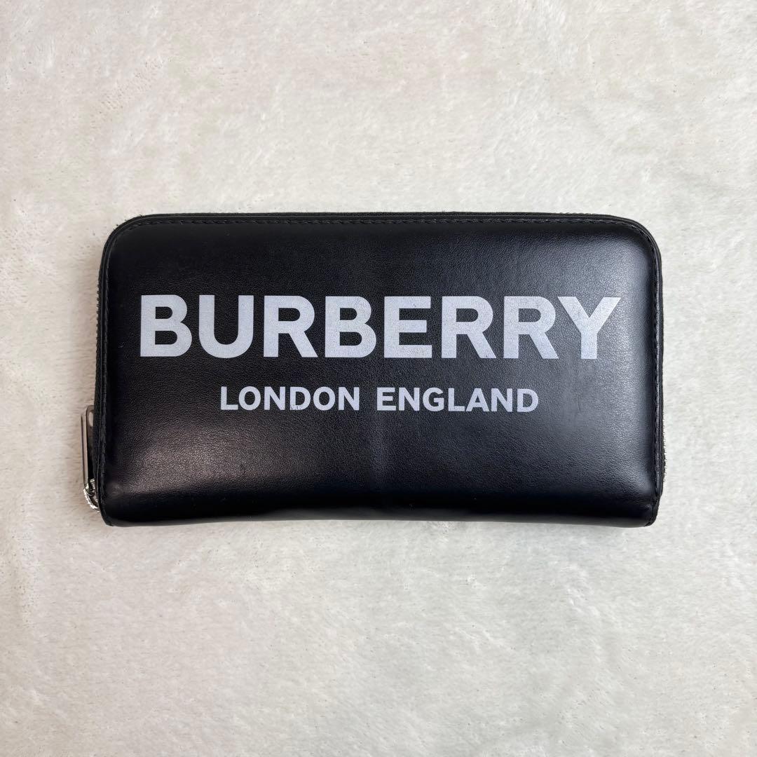 BURBERRY バーバリー　長財布　ラウンドジップ　黒　ロゴプリント　レザー