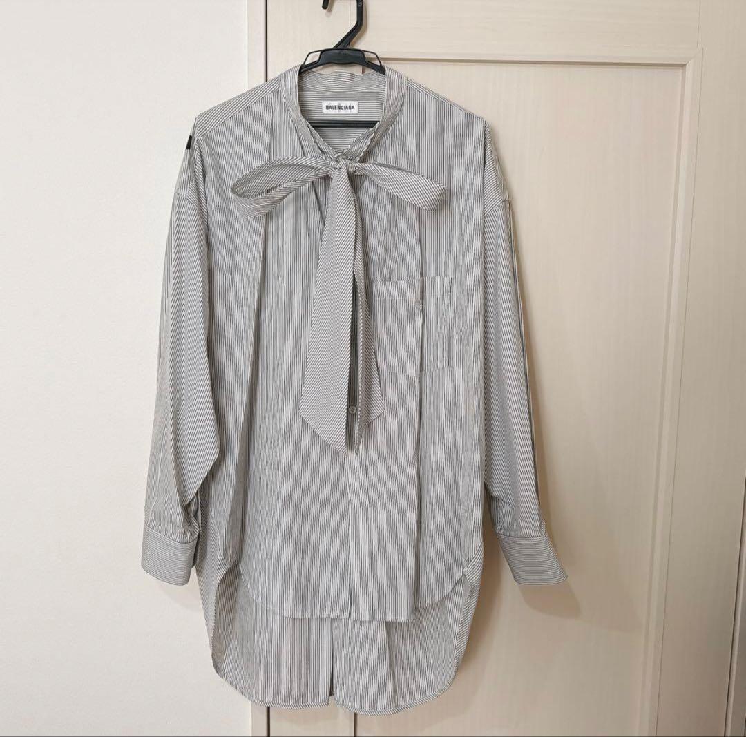 BALENCIAGAバレンシアガ リボンシャツ 背ロゴ ストライプシャツ38