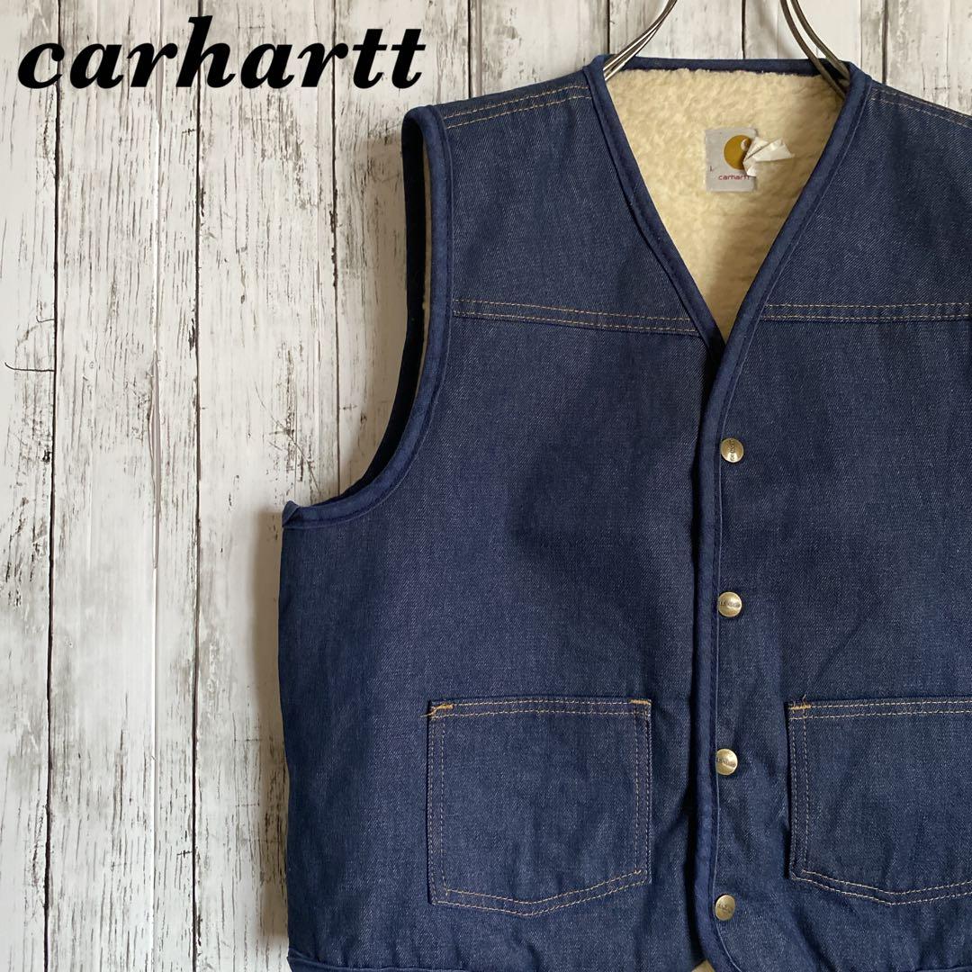 【しん】カーハートCarharttデニムベストボア裏地 ネイビー Lサイズ