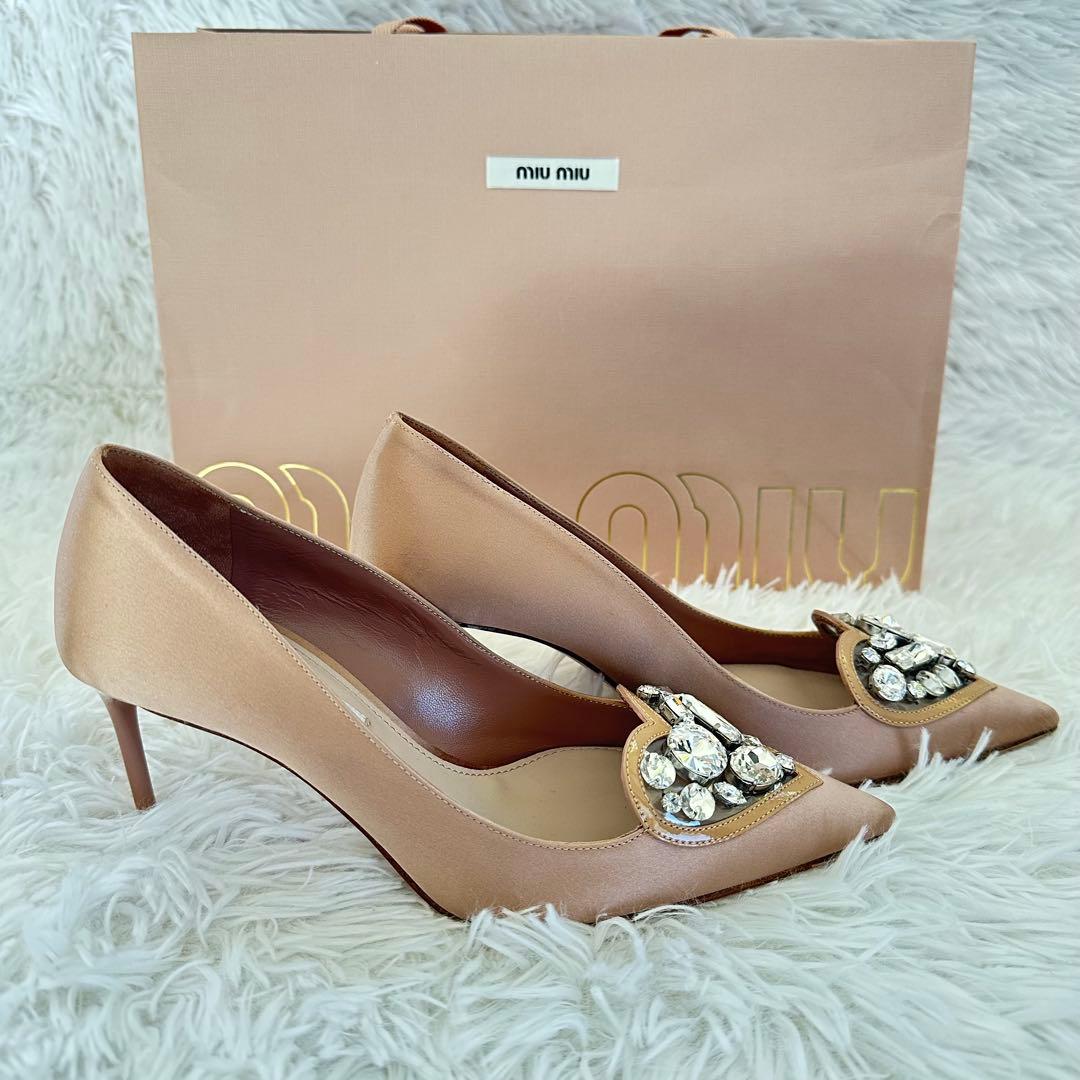 【美品】ミュウミュウ miumiu ハート　ビジュー　ピンク パンプス35