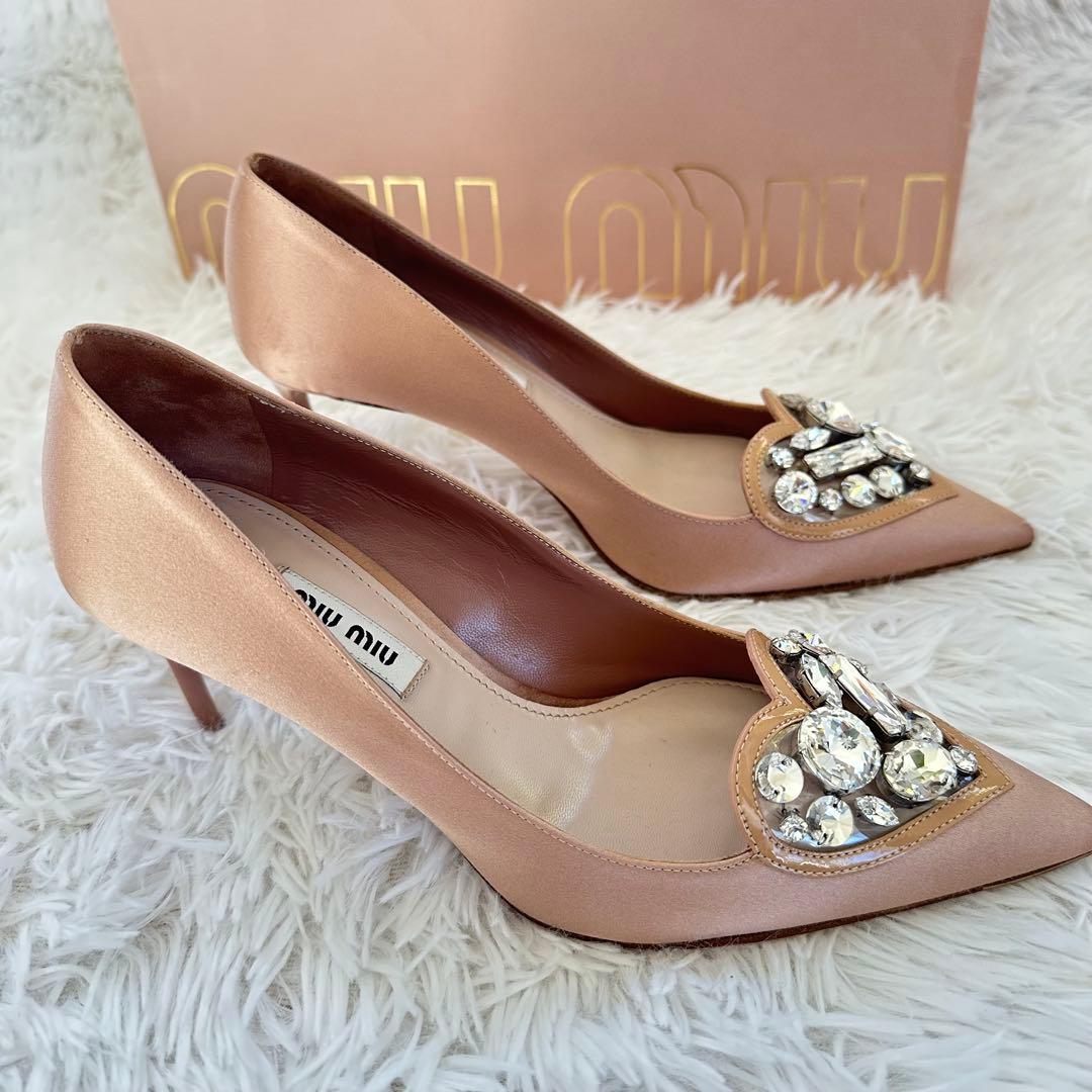 【美品】ミュウミュウ miumiu ハート　ビジュー　ピンク パンプス35