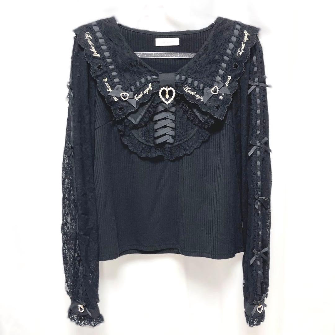 LIZLISA スカラップリボン衿リブトップス ブラック