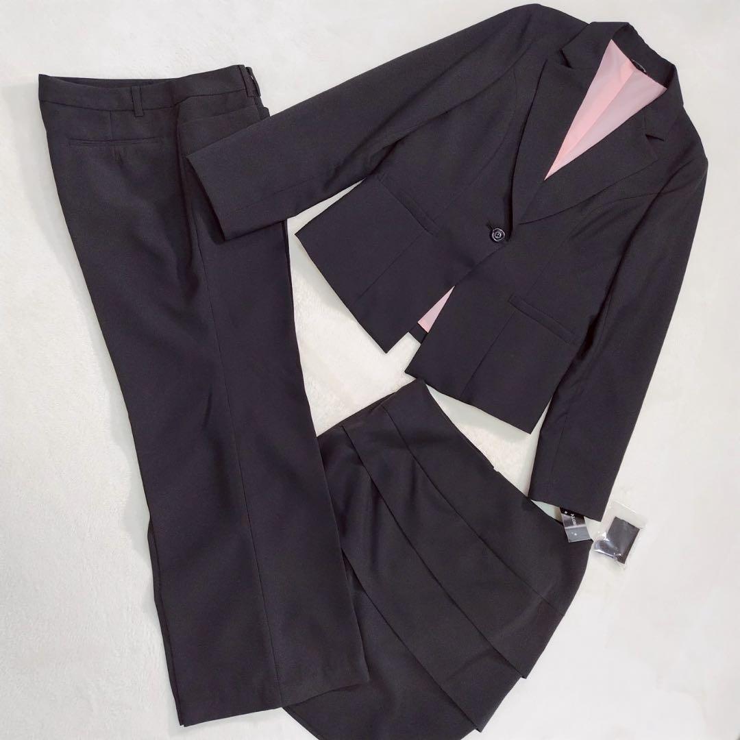 美品 パンツスーツ ブラック3点 セットアップ 就活 リクルート 17号 大きい