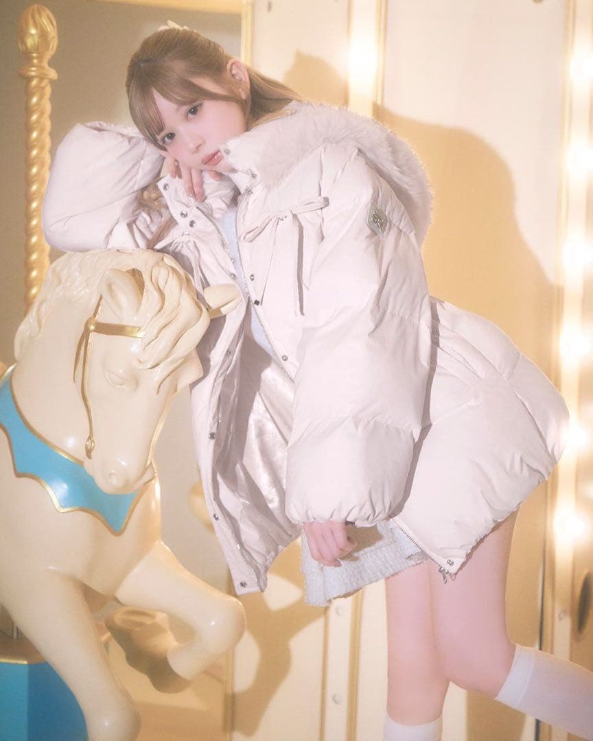 ミシェルマカロン ファーフードリボンダウンコート　ピンク　FREE