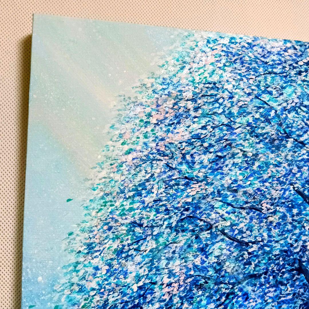 No.534 F3キャンバス　アクリル画　原画　青い絵　鹿　青い木　開運絵画