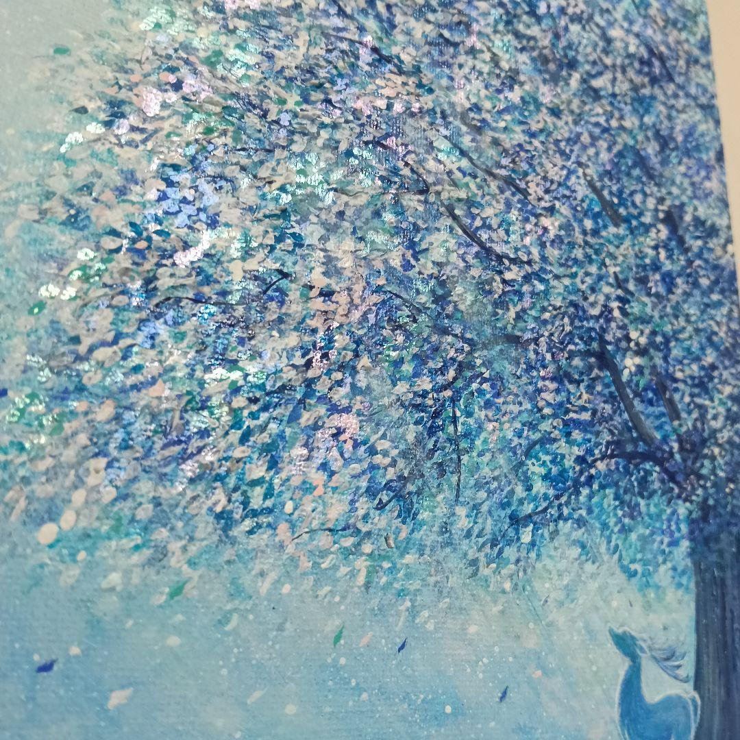 No.534 F3キャンバス　アクリル画　原画　青い絵　鹿　青い木　開運絵画