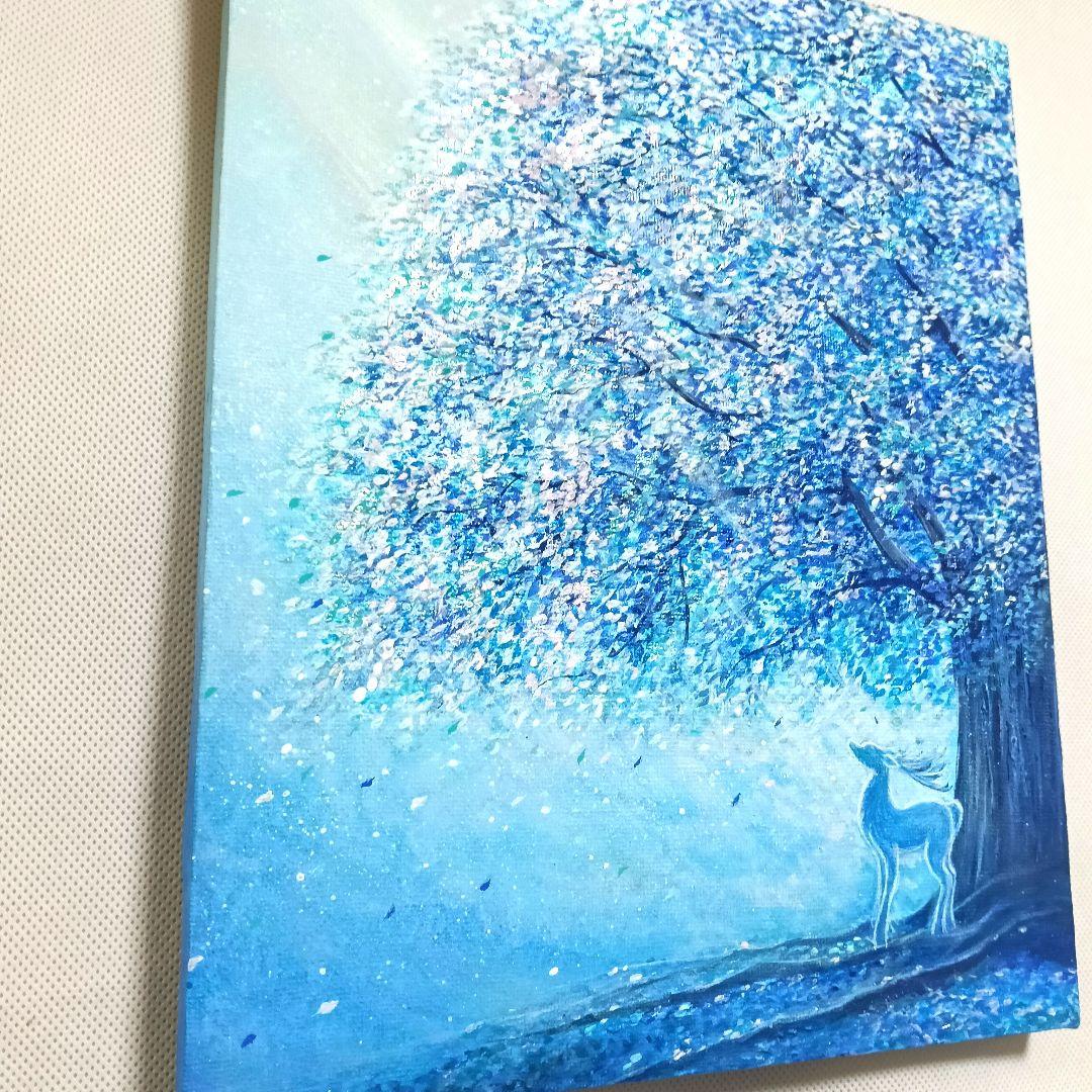 No.534 F3キャンバス　アクリル画　原画　青い絵　鹿　青い木　開運絵画
