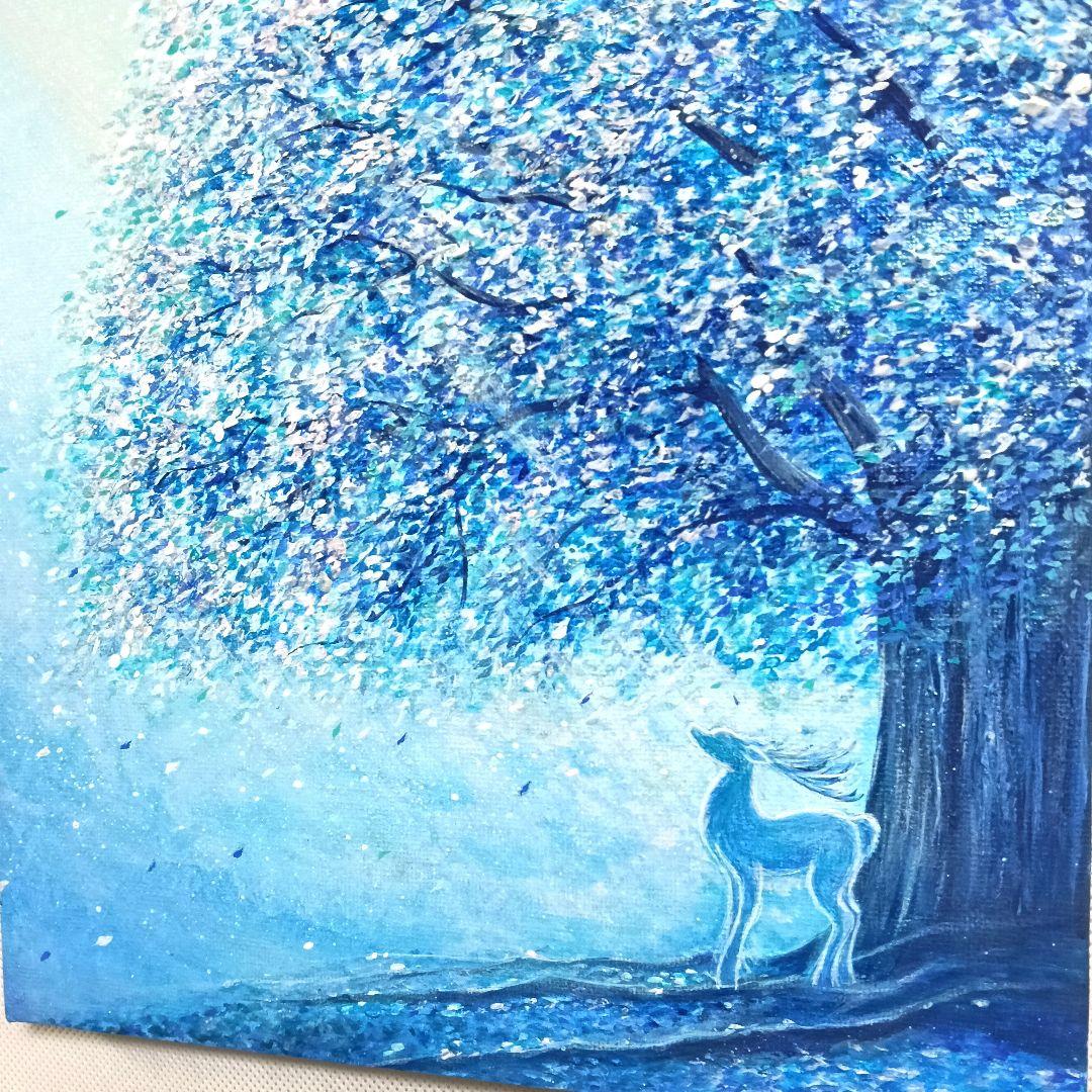 No.534 F3キャンバス　アクリル画　原画　青い絵　鹿　青い木　開運絵画